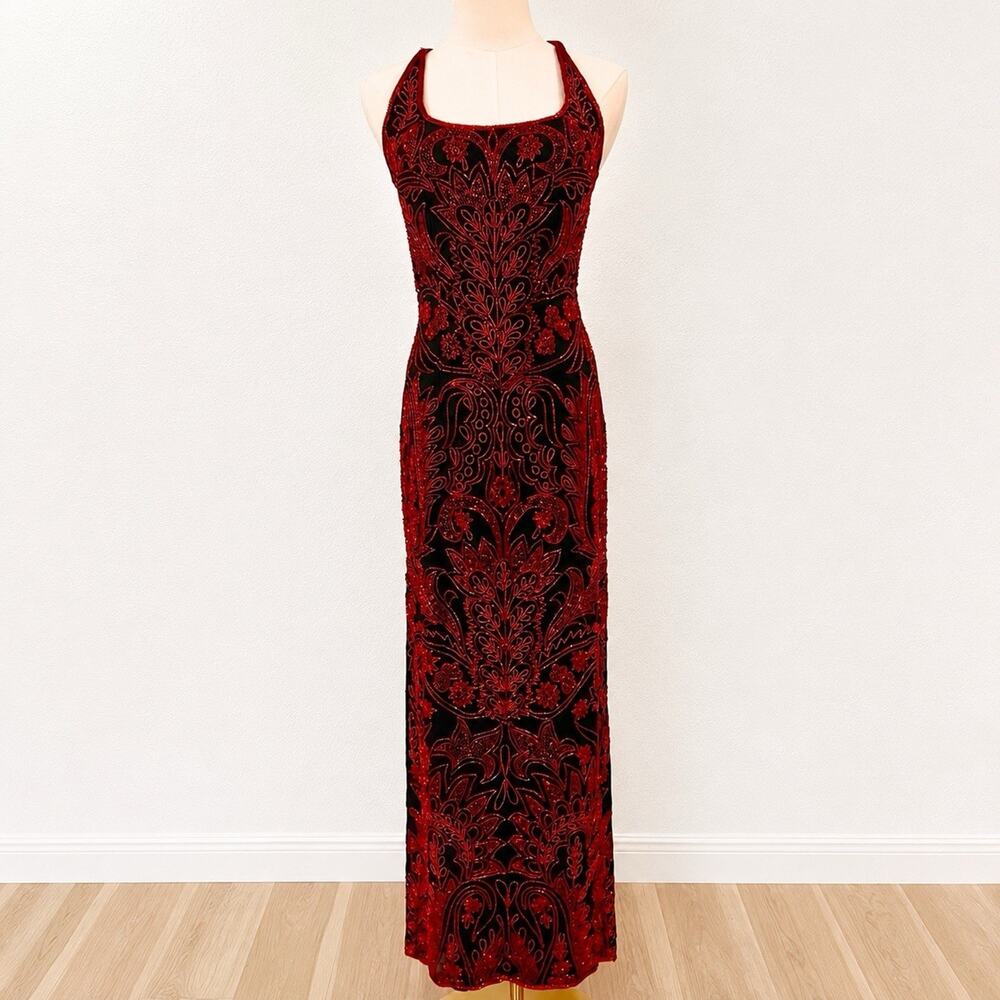 XS Cache Silk Black Red Beaded Dress Vamp Y2K Dramatic Goth Witchy Glam Luxe 90s - Picture 3 of 13